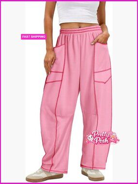Polyester Blend Barrel Leg Sweatpants with Pockets
